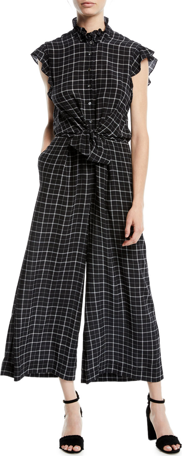 Rebecca Taylor Sleeveless Plaid Silk Wide-Leg Jumpsuit