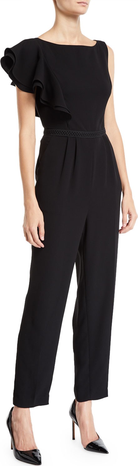 Shoshanna Haileah Straight-Leg Jumpsuit w/ Asymmetric Ruffle Sleeve