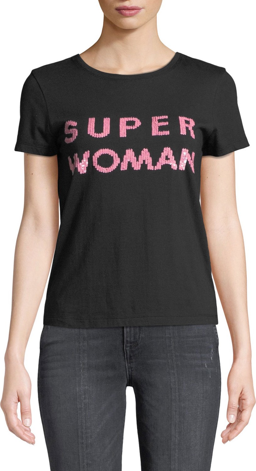Alice + Olivia Rylyn "Super Woman" Sequin Short-Sleeve Crewneck Top