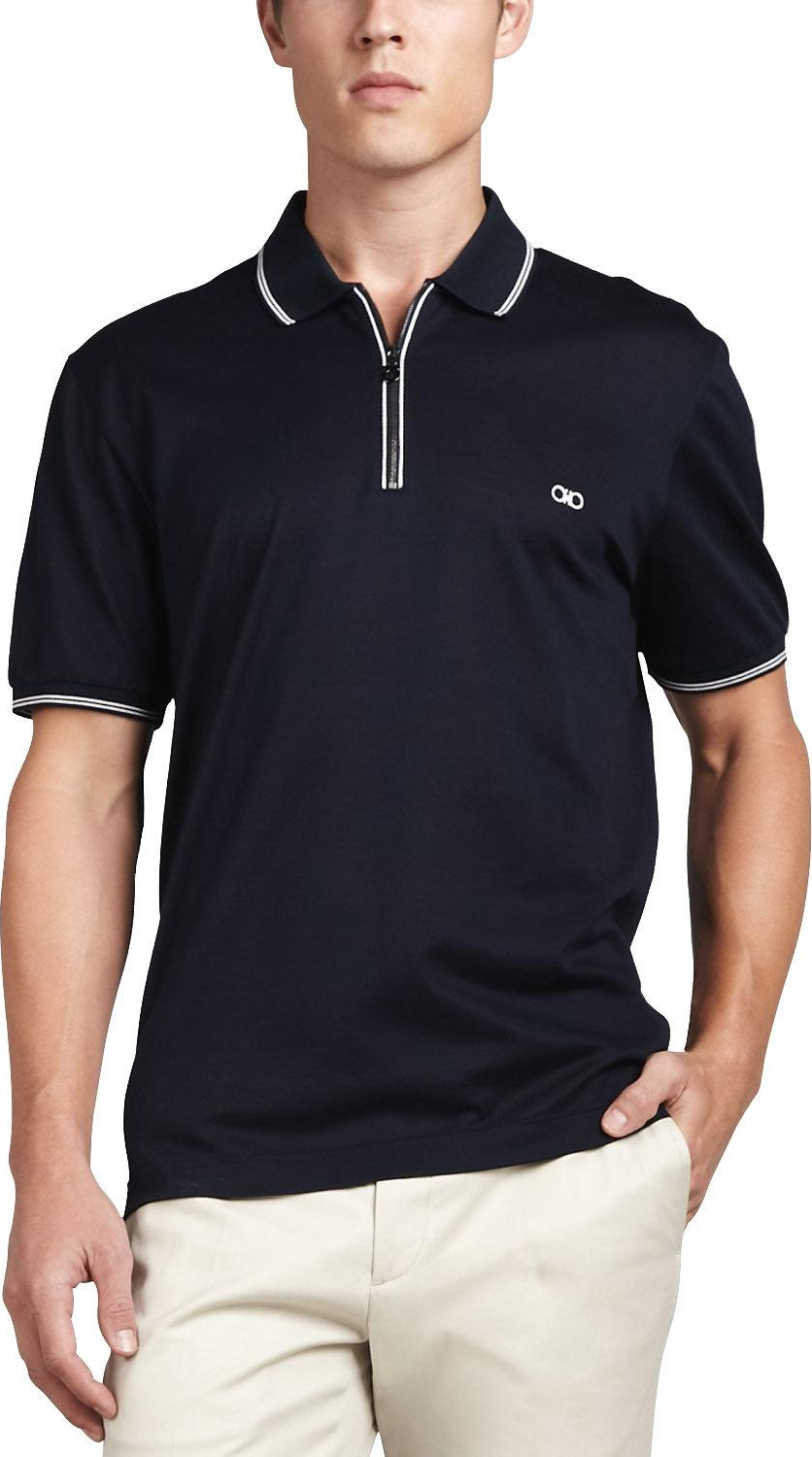 Salvatore Ferragamo Men's Cotton Piqué Zip Polo Shirt with Gancini Chest Embroidery, Navy/White
