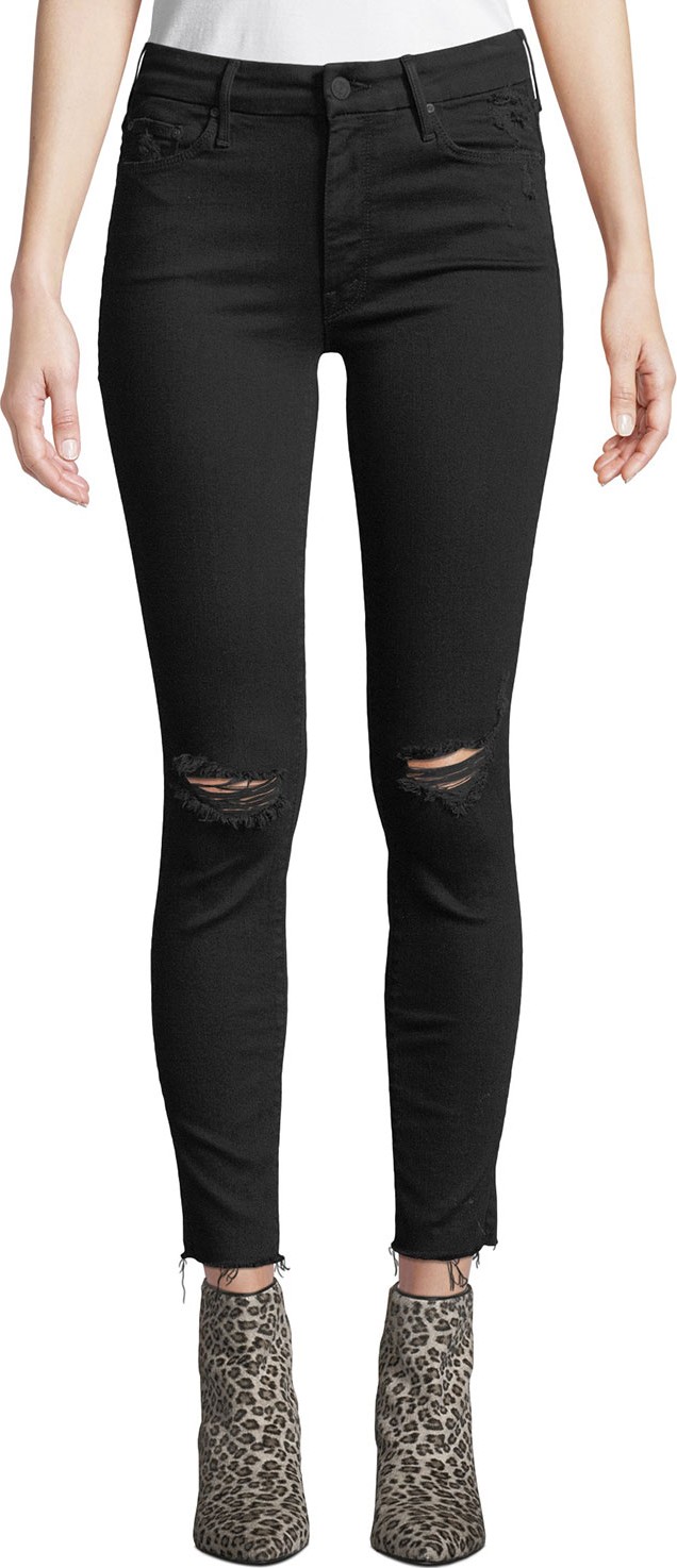 MOTHER Looker Ankle Fray Distressed Jeans with Lightning Bolt