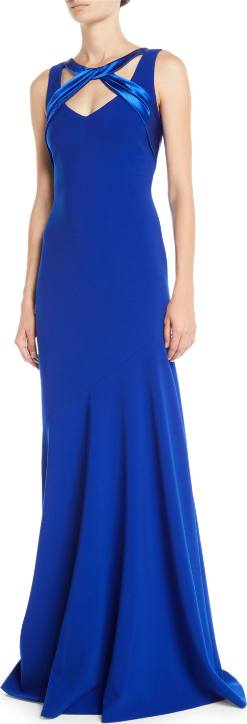 Theia Sleeveless Crepe Gown w/ Satin Crisscross