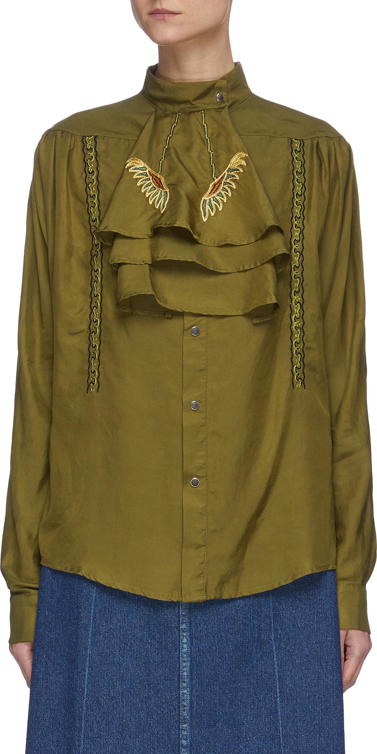 Toga Stand collar embroidered jabot blouse