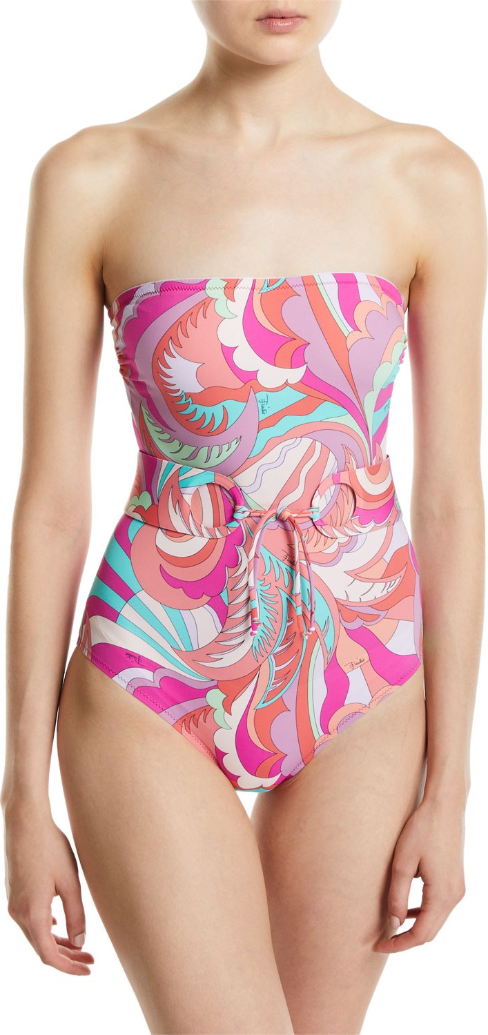 Emilio Pucci Strapless Printed One-Piece Swimsuit with Belt