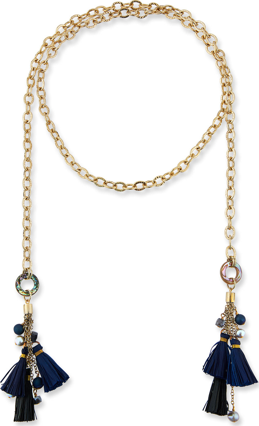 Akola Chain & Raffia Tassel Lariat Necklace