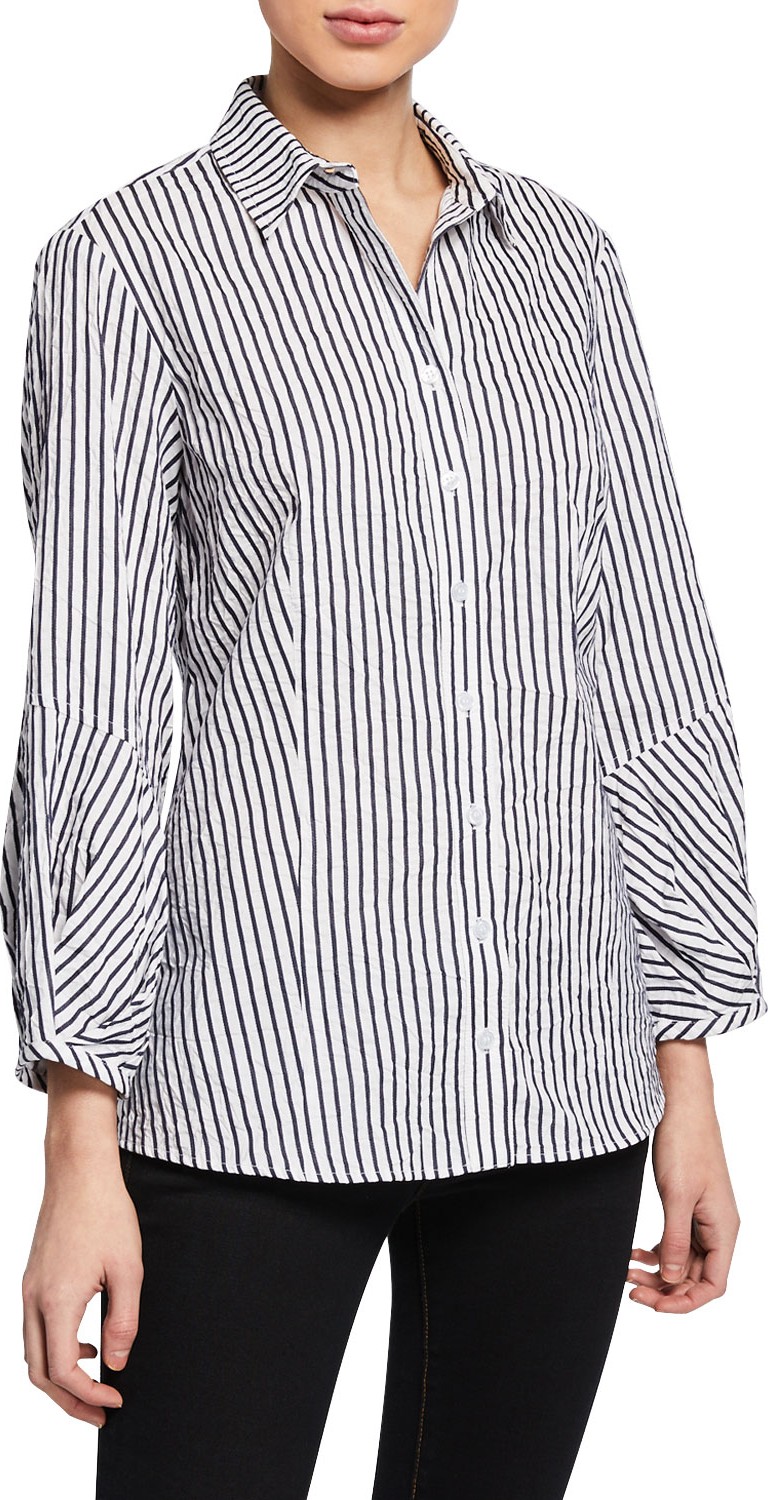 Finley Mercy Spectator-Stripe Button-Down Shirt with Arm Detail