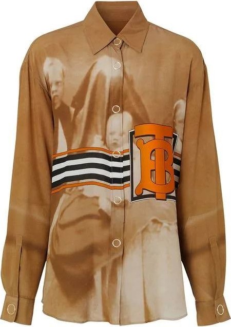 Burberry London England Victorian Portrait Print Silk Shirt