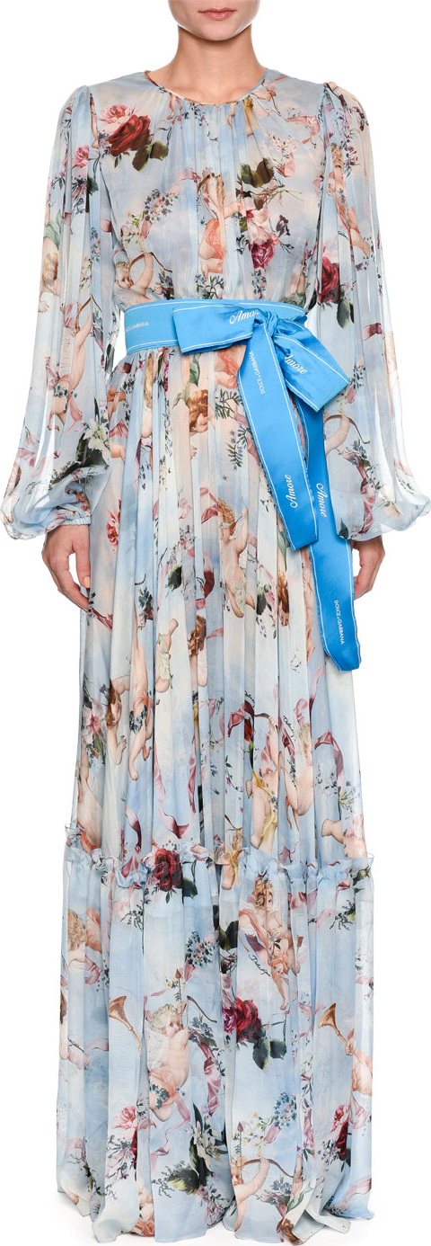 Dolce & Gabbana Long-Sleeve Ribbon-Belt Cherub-Print Long Dress