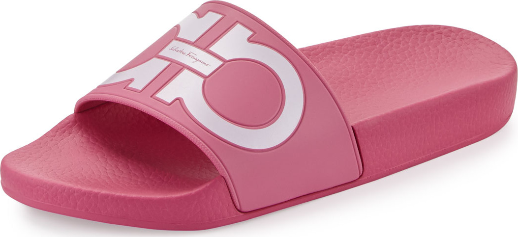 Salvatore Ferragamo Groove Gancini Flat Slide Sandals, Bubble/Bianco