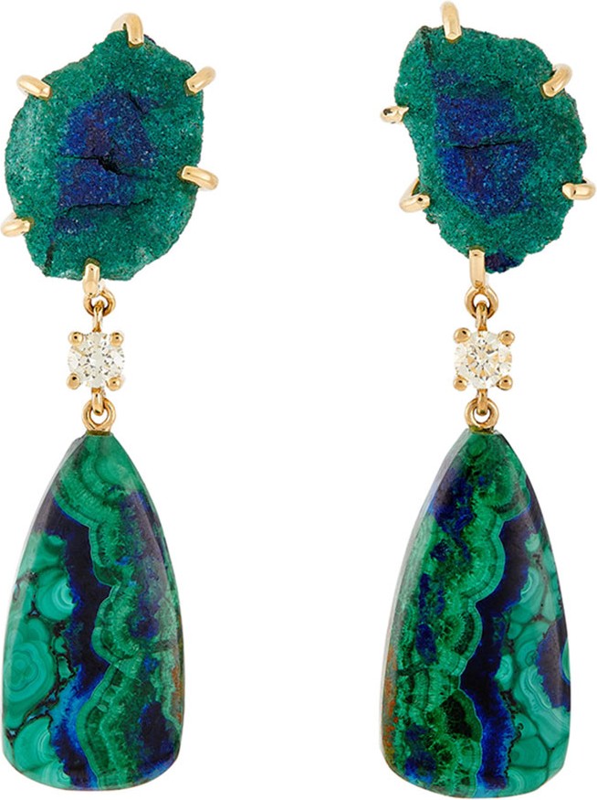 Jan Leslie 18k Bespoke 2-Tier Tribal Luxury Earrings w/ Raw Malachite  Azurite Geode & Azurite Malachite