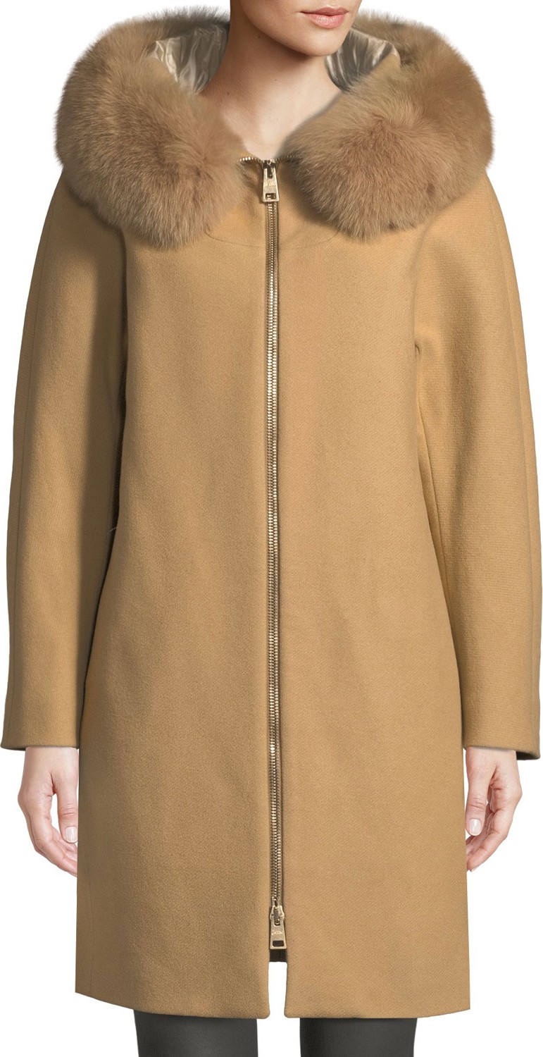 Herno Long Wool Coat w/ Fur-Trim Hood