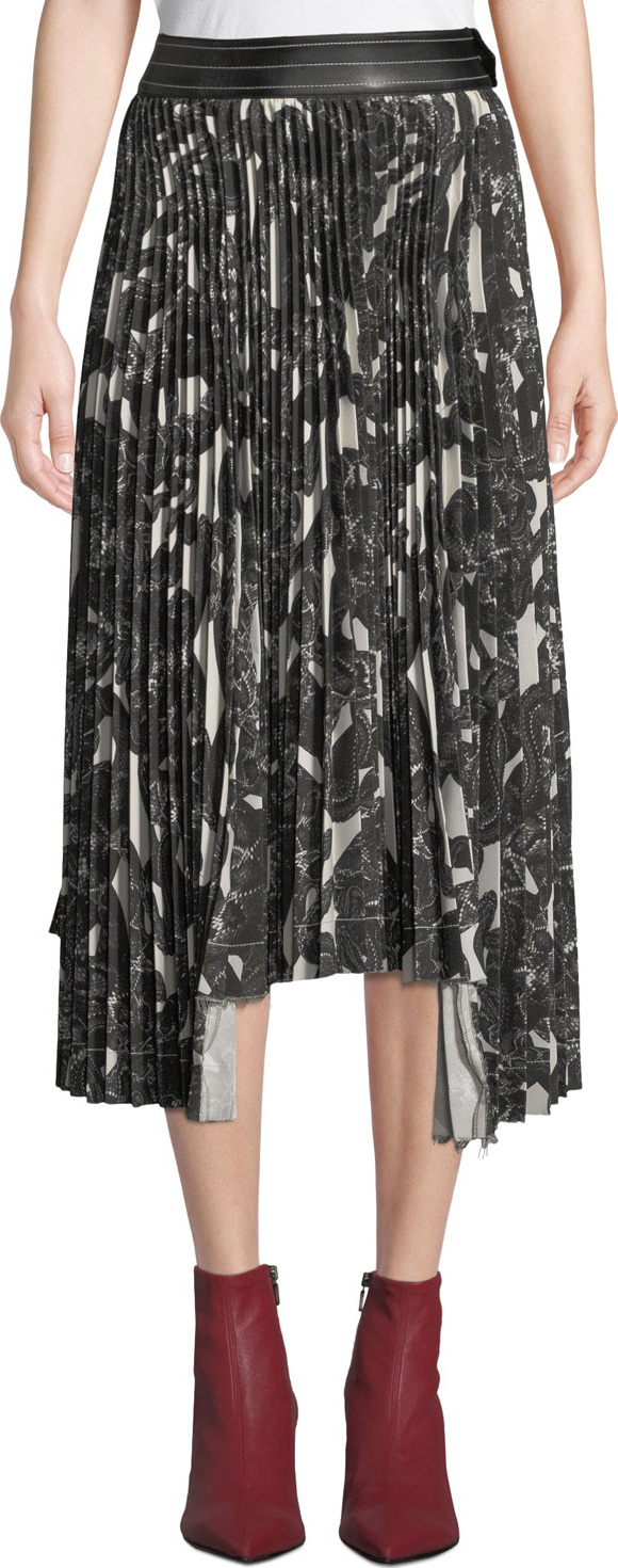 Helmut Lang Snake-Print Pleated Asymmetric Midi Skirt