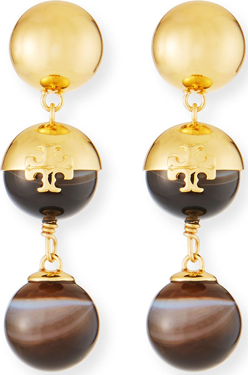 Tory Burch Logo Linear Bead Drop Earrings with Agate