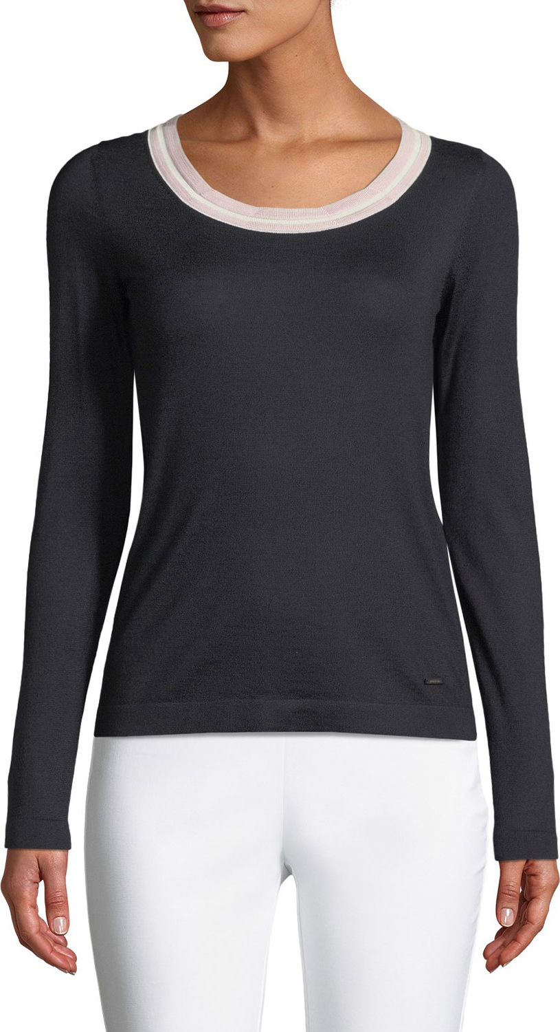 Akris Striped-Trim Round-Neck Long-Sleeve Cashmere-Silk Top