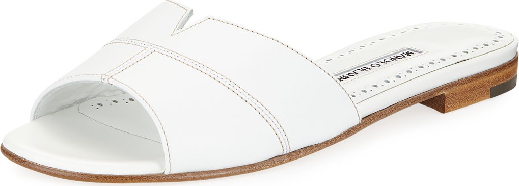 Manolo Blahnik Lasatte Notched Flat Leather Slide Sandal