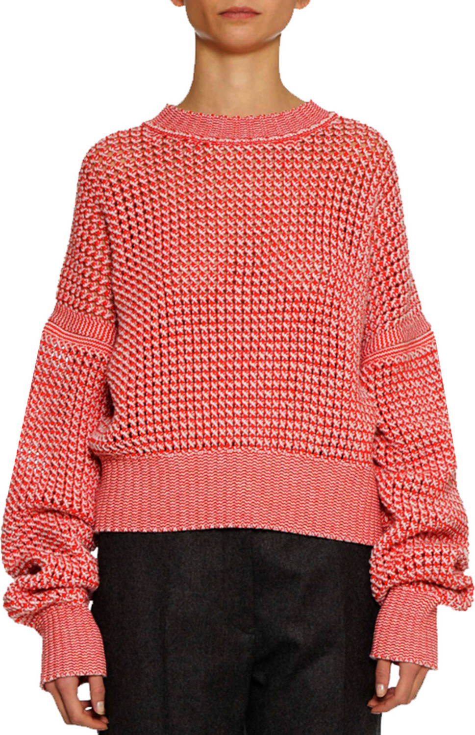 Jil Sander Crewneck Long-Sleeve Open-Weave Tweed Pullover Cashmere-Wool Sweater