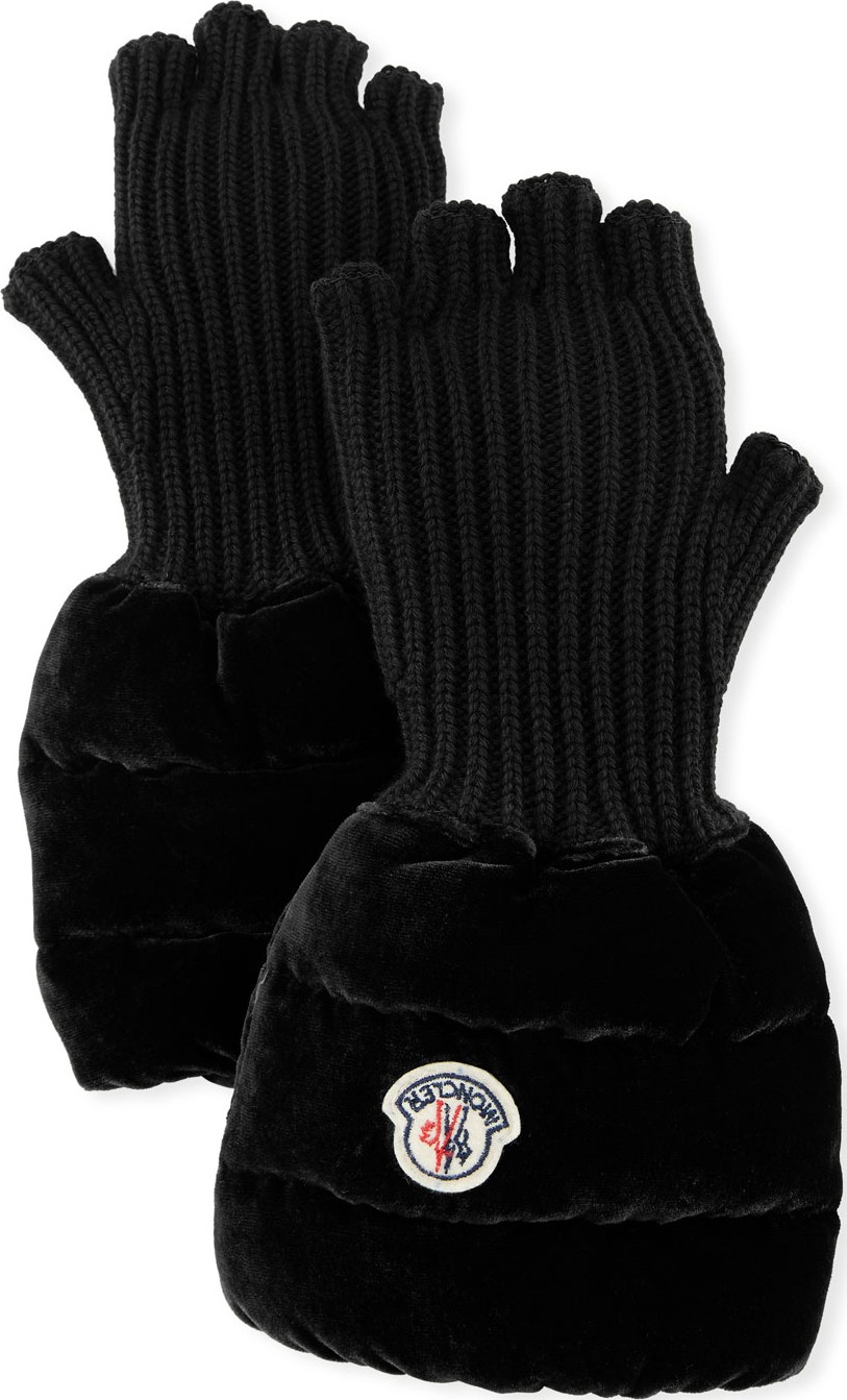 Moncler Fingerless Ribbed Wool Gloves w/Velvet Puffer Combo