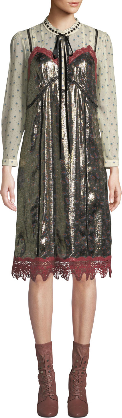COACH Daisy-Print Layered Metallic Slip Dress