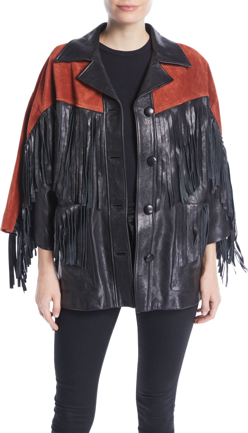 Gucci Grainy Leather Jacket with Suede Fringe & Studded Guccy on Back