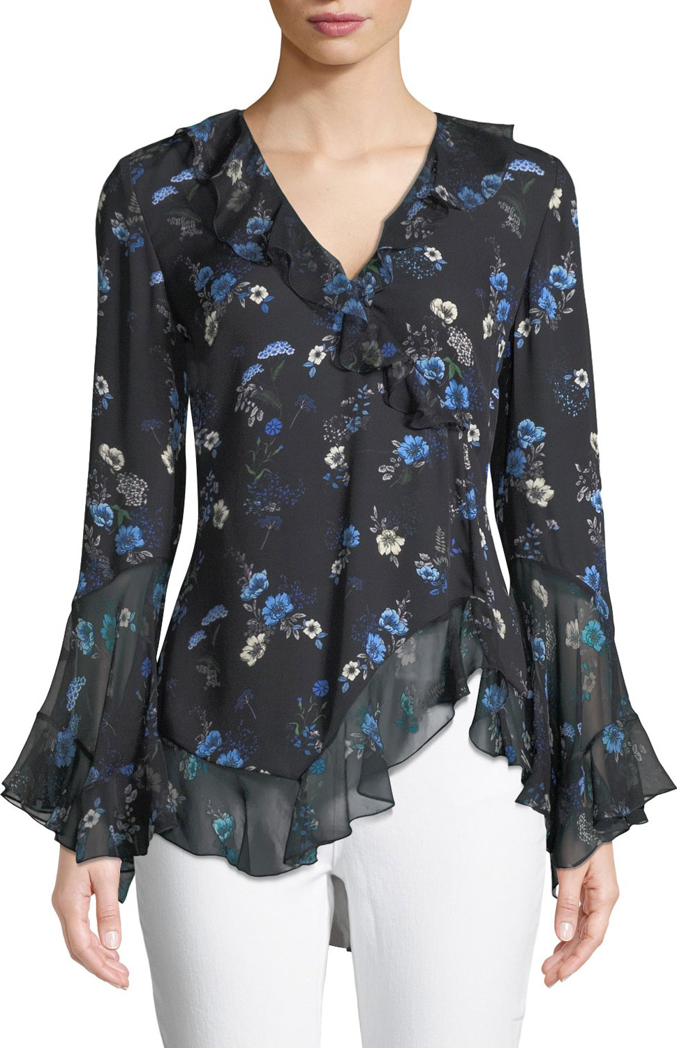 Elie Tahari Halima V-Neck Long-Sleeve Ruffled Floral-Print Silk Blouse