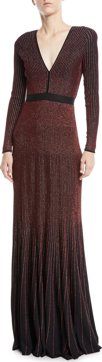 ELIE SAAB V-Neck Long-Sleeve Embellished Mermaid Evening Gown