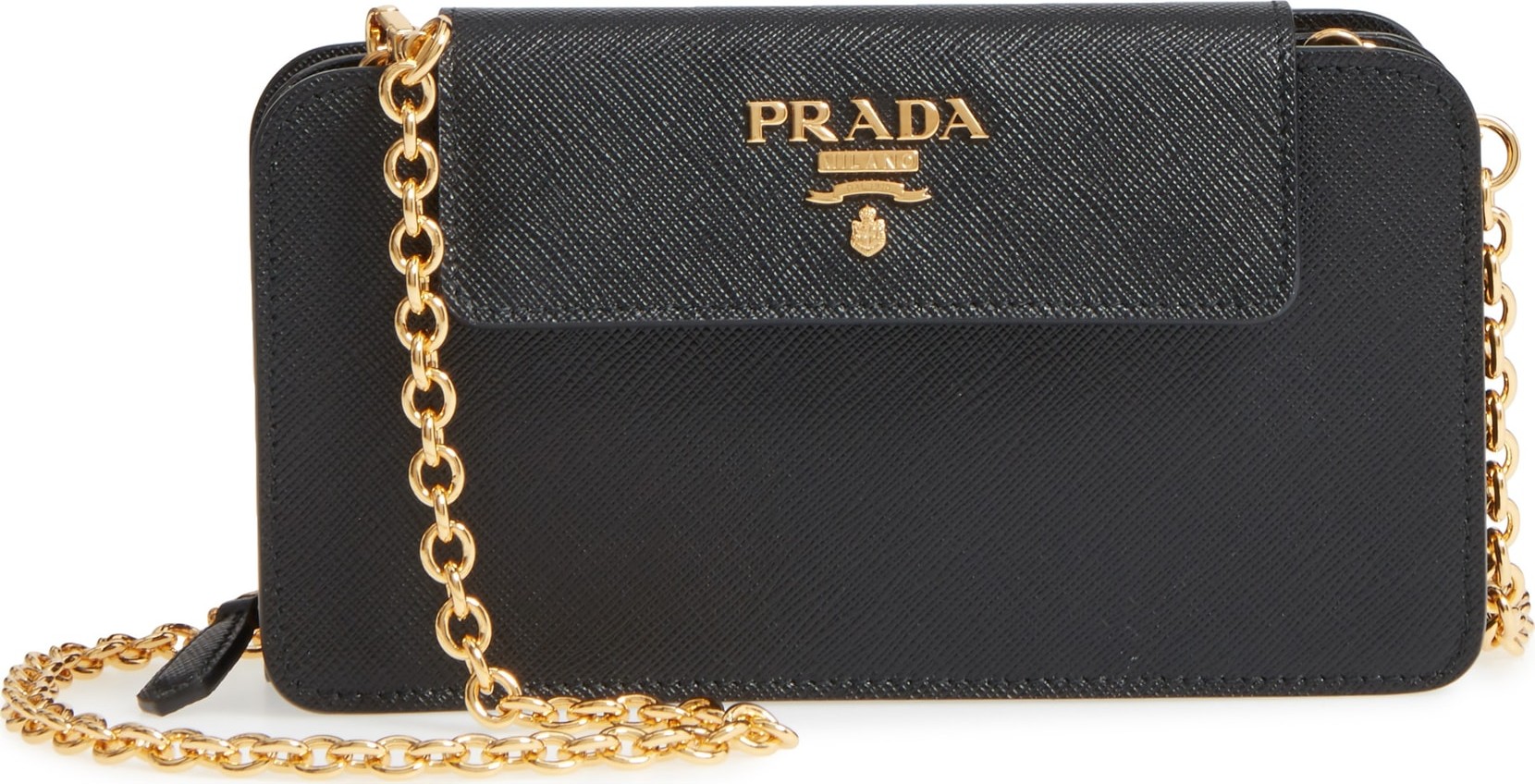 Prada Saffiano Leather Metal Oral Phone Wallet on a Chain