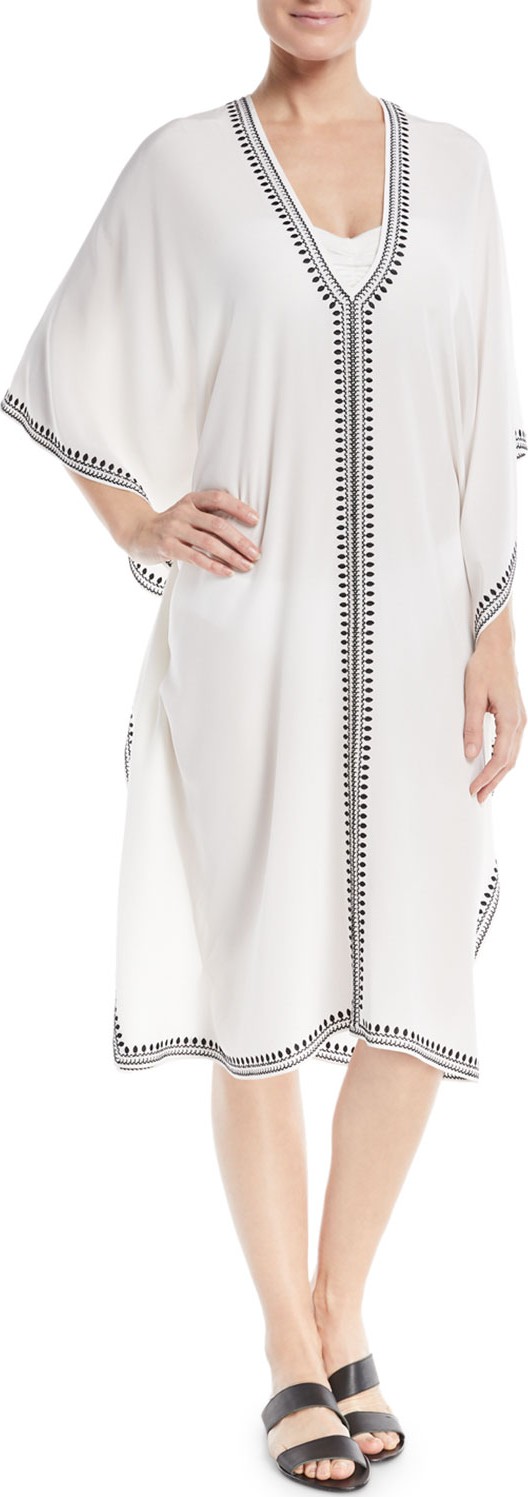 Marie France Van Damme Boubou Spade-Embroidered V-Neck Silk Coverup Dress, One Size