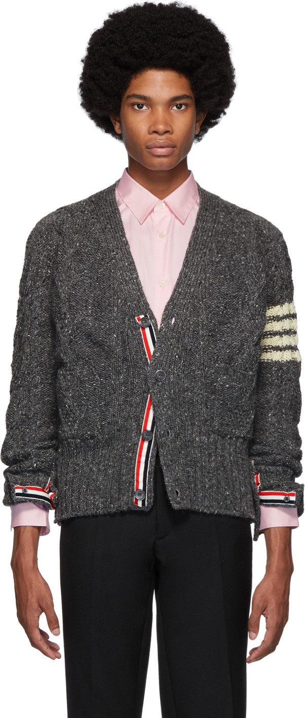 Thom Browne Grey Aran Cable Knit 4-Bar Cardigan