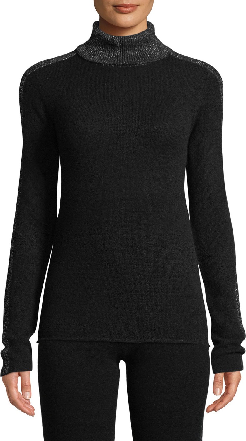 ATM Anthony Thomas Melillo Sparkle Side-Stripe Turtleneck Cashmere Sweater