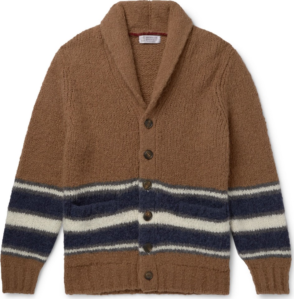 Brunello Cucinelli Shawl-Collar Striped Alpaca-Blend Cardigan