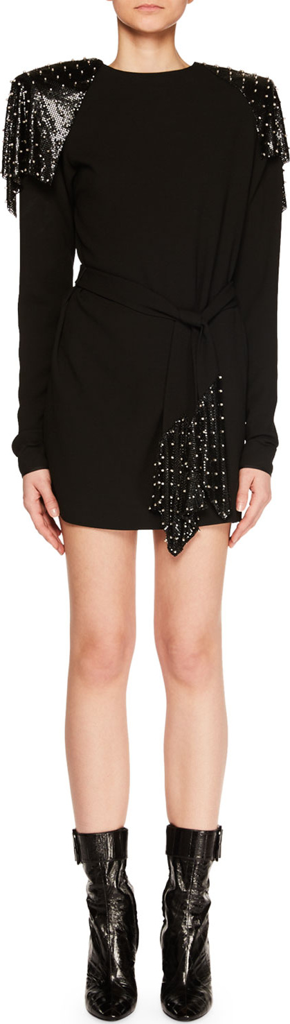 Saint Laurent Studded Chain Mail Strong-Shoulder Long-Sleeve Jersey Dress