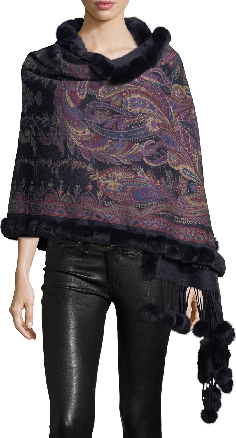 Gorski Paisley Cashmere Stole w/ Fur Trim