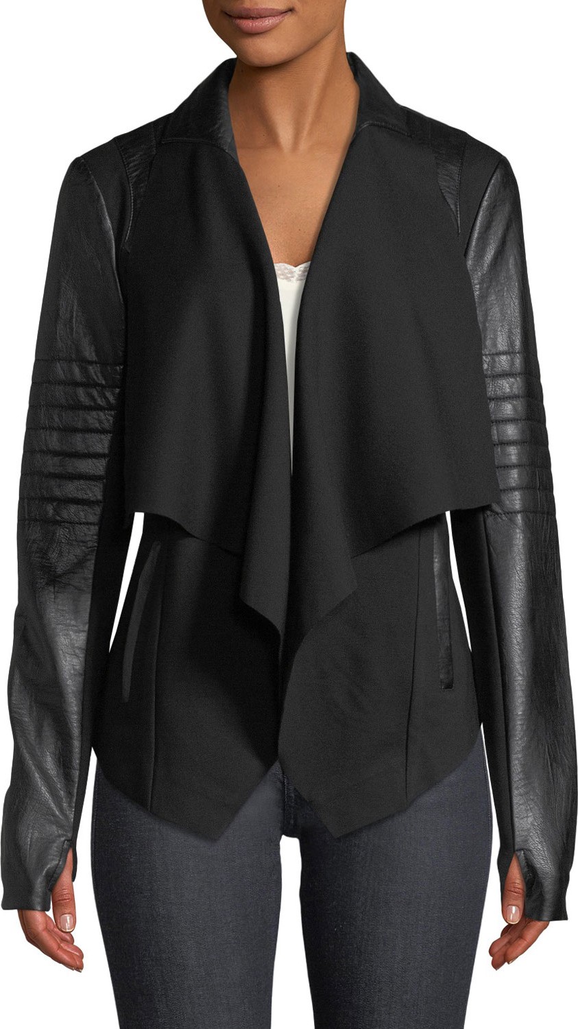 Blanc Noir Drape-Front Quilted Faux-Leather Jacket