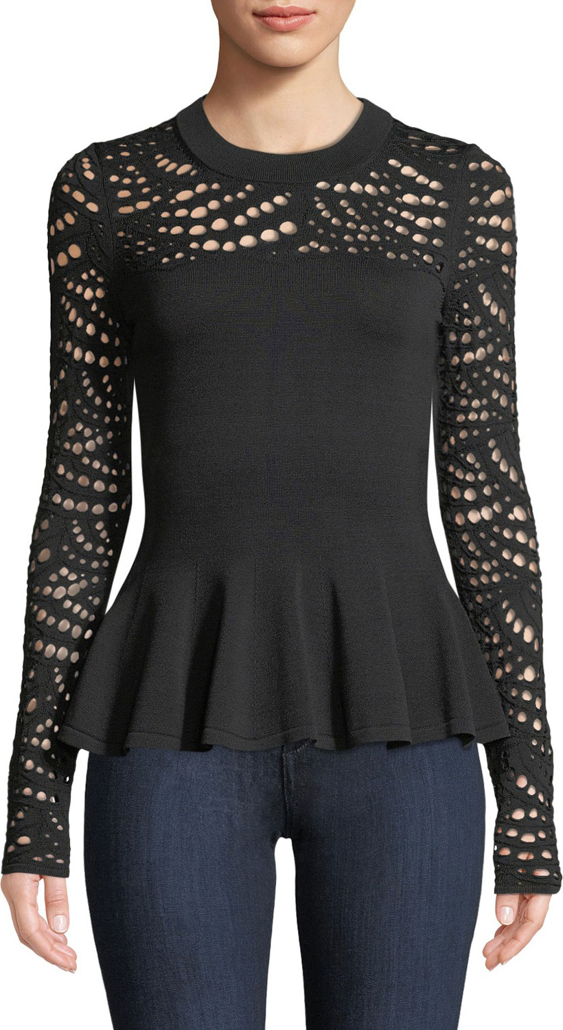 MILLY Crewneck Pointelle Lace Peplum Top