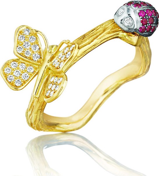 Mimi So Wonderland 18k Butterfly & Ladybug Ring, Size 5