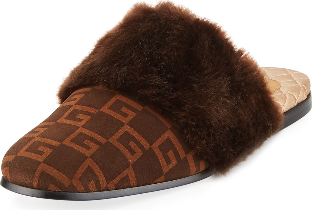 Gucci Suede Square G and Synthetic Fur Slipper