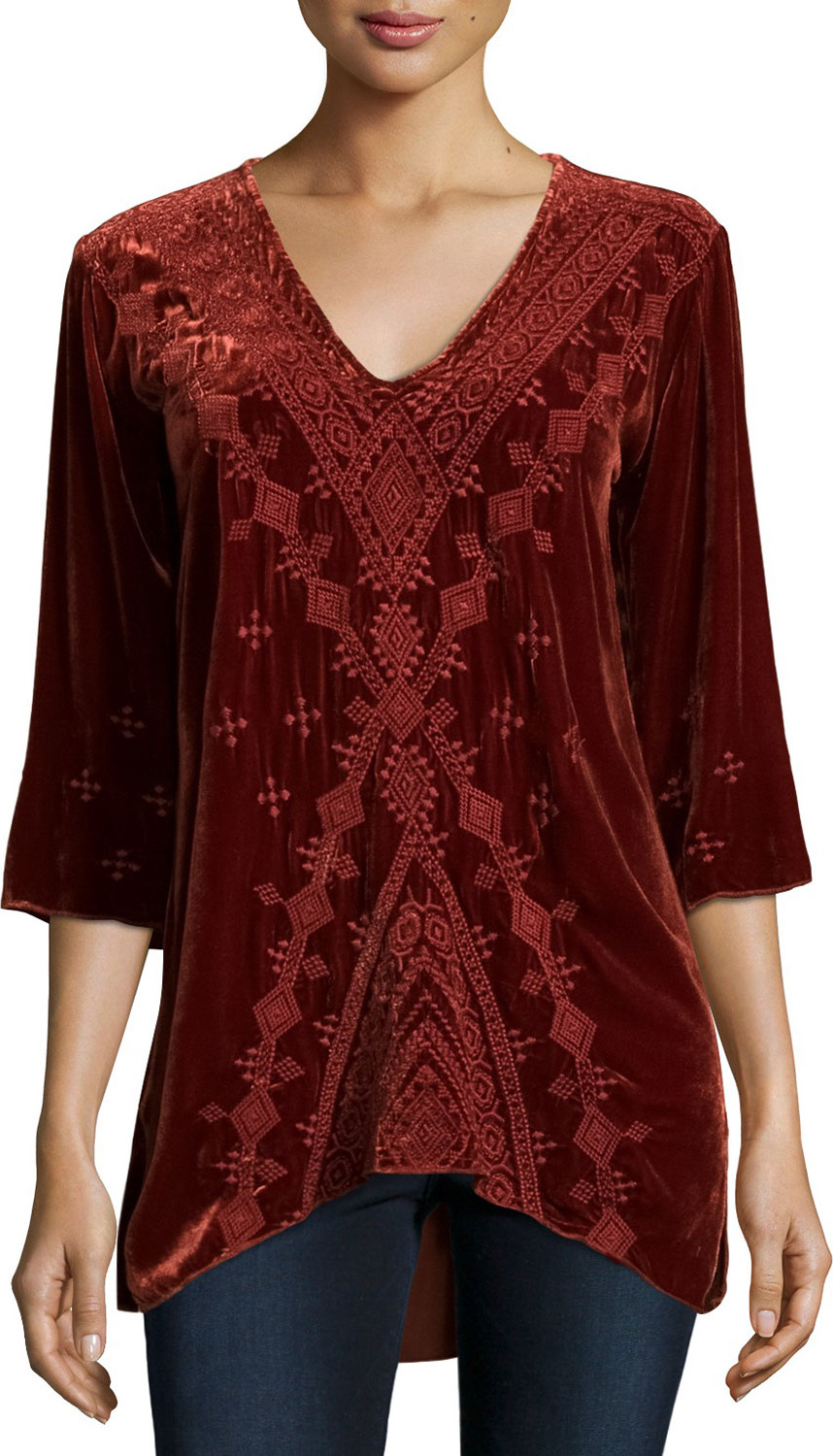 Johnny Was Shobah 3/4-Sleeve Embroidered Velvet Tunic