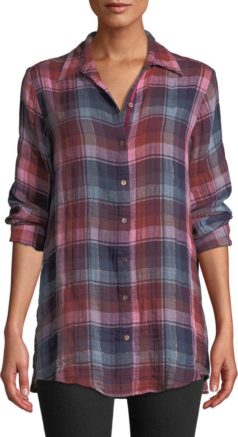 Johnny Was Loire Plaid Shirt with Embroidered Velvet Back