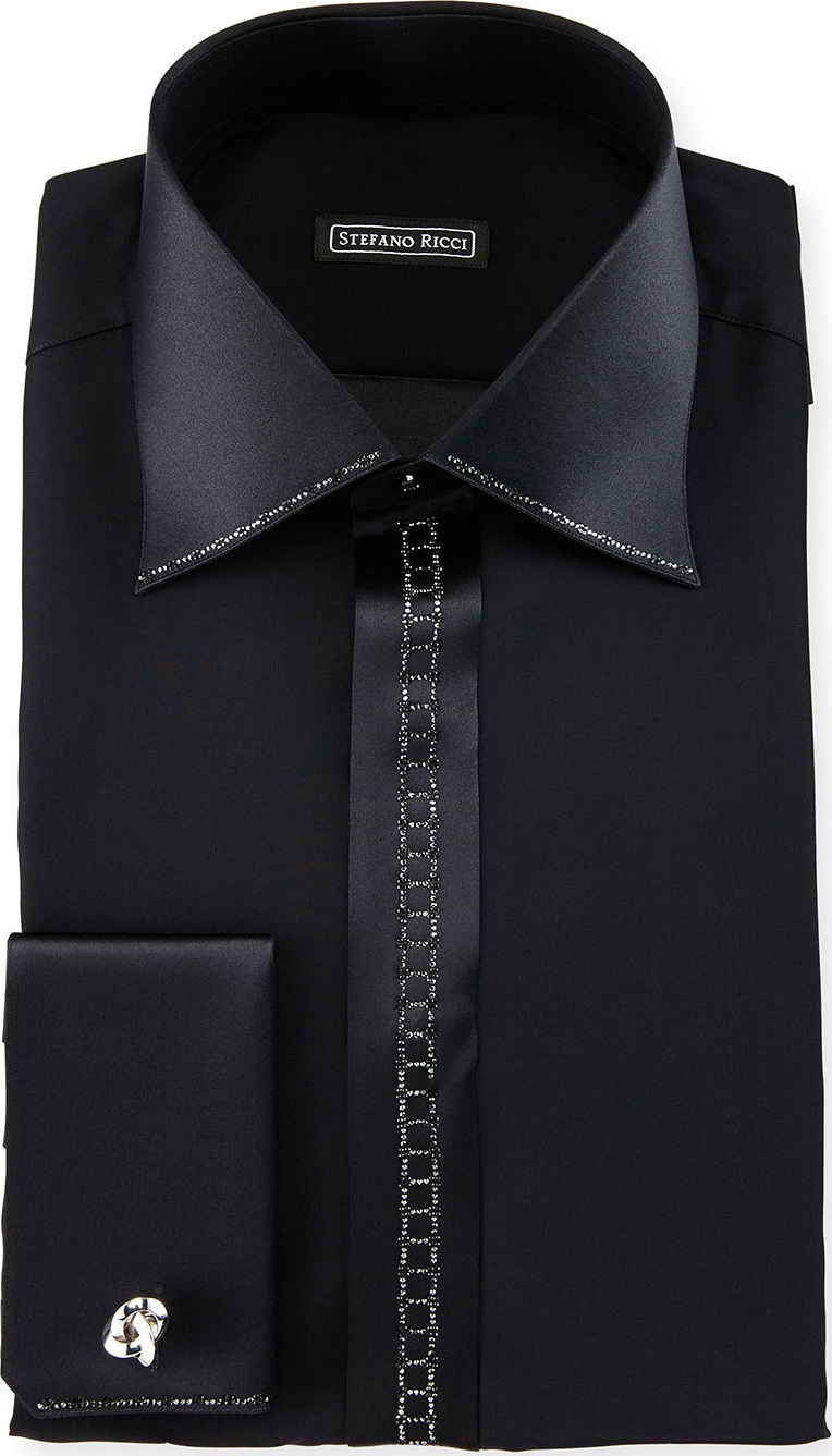 Stefano Ricci Crystal-Placket Silk French-Cuff Tuxedo Shirt