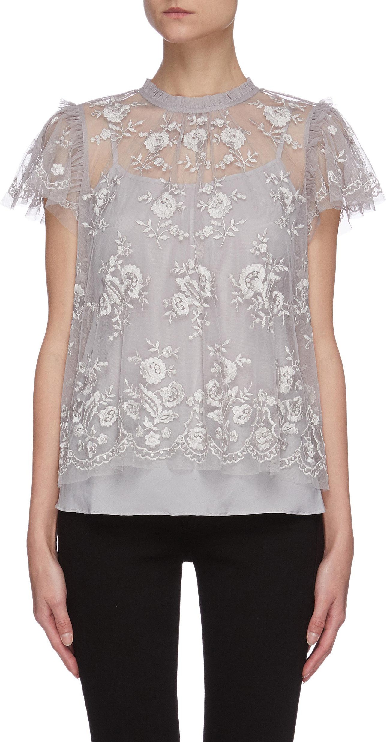 Needle & Thread 'Ashley' floral embroidered round neck tulle top
