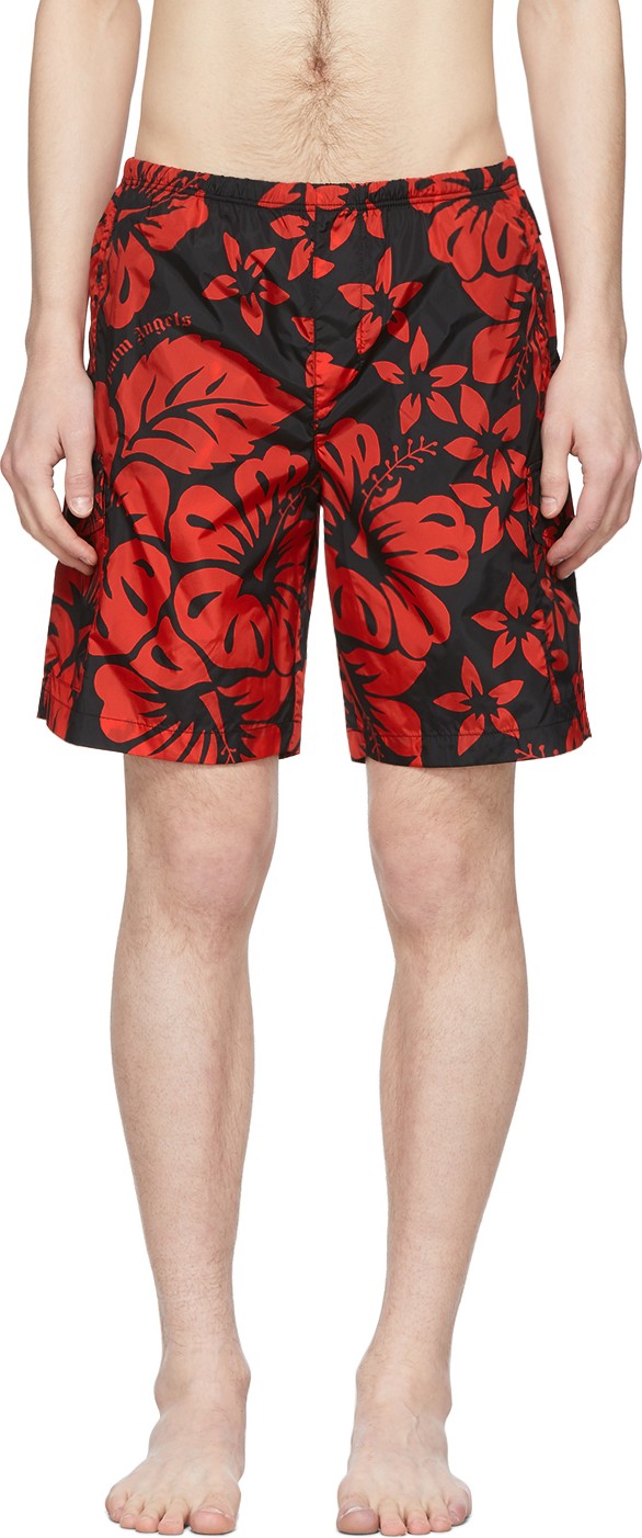 Palm Angels Red & Black Hawaiian Swim Shorts