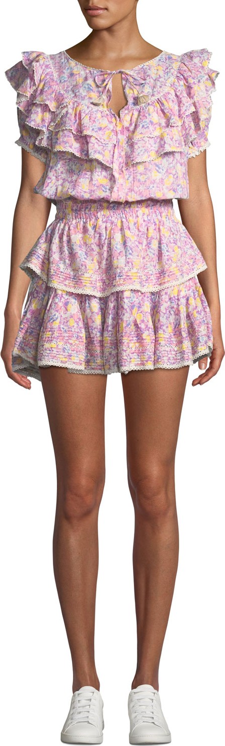 LOVESHACKFANCY Liv Tiered Ruffle Floral Cotton Coverup Dress