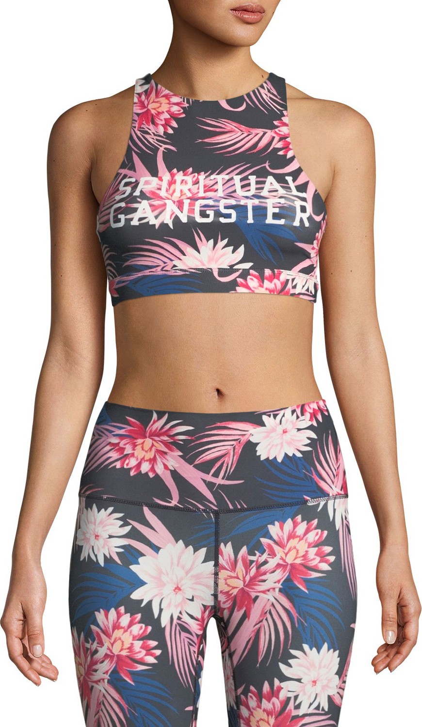 Spiritual Gangster Varsity Floral-Print High-Neck Athletic Crop