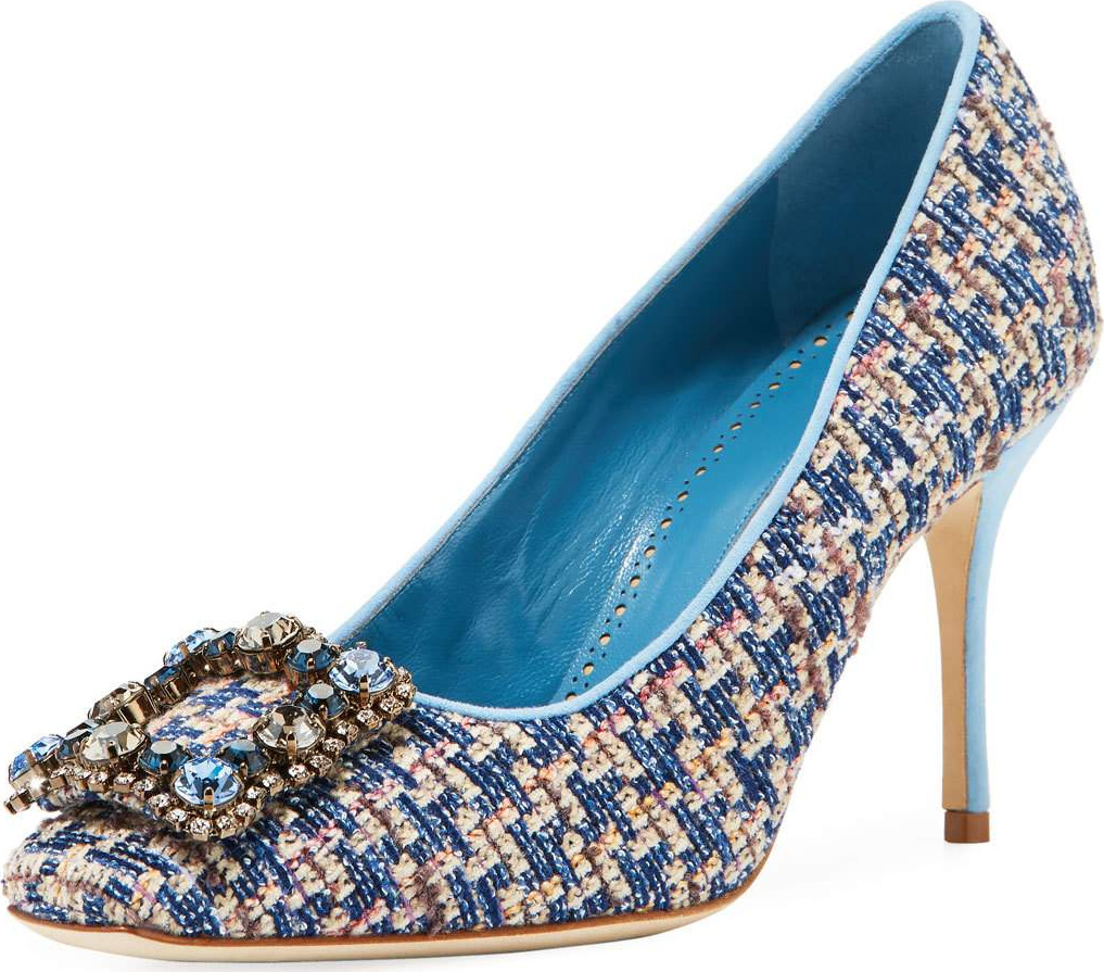 Manolo Blahnik Vazza Tweed Pump with Jeweled Buckle Embellishment