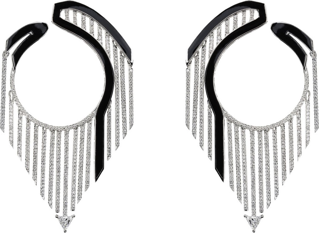 Nikos Koulis Oui 18k White Gold Drop Earrings w/ Diamonds & Black Enamel