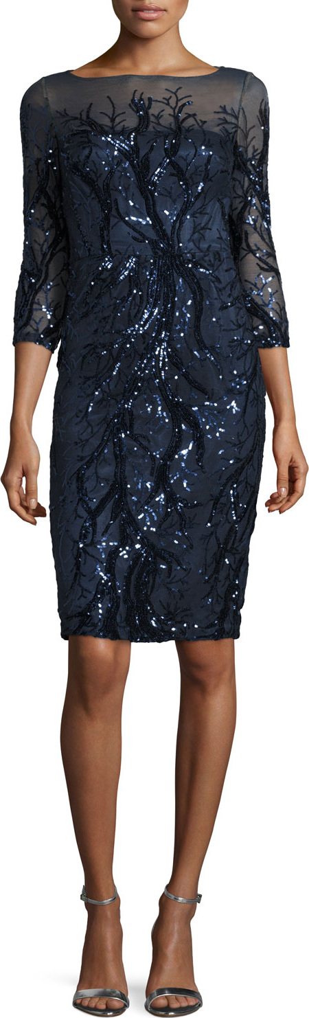 David Meister 3/4-Sleeve Embellished Sheath Dress, Navy