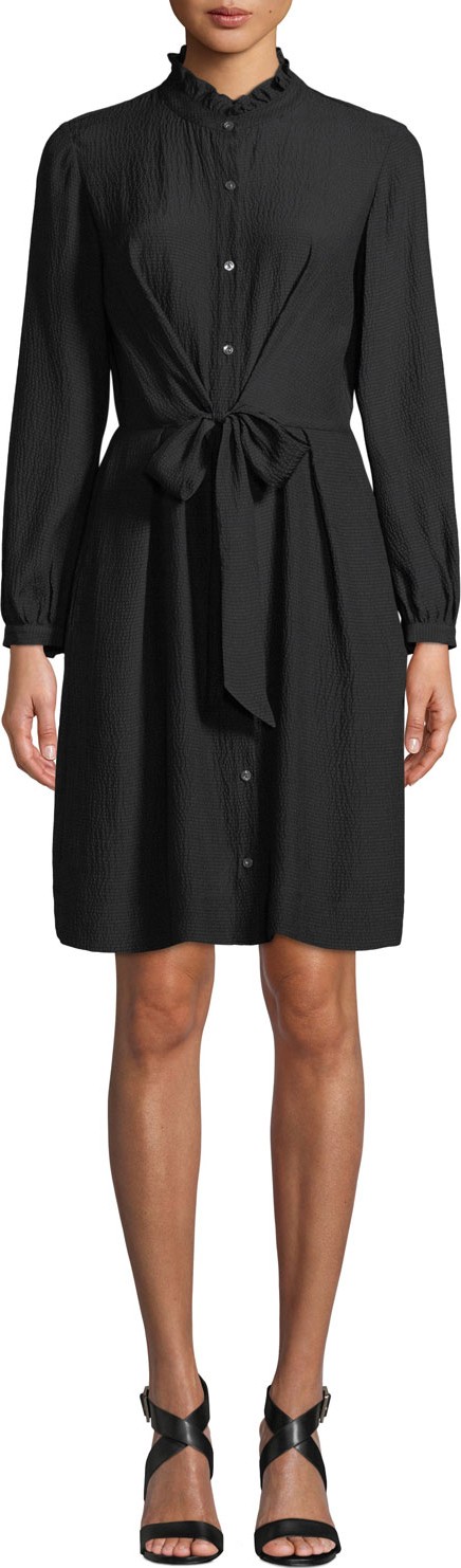 Rebecca Taylor Long-Sleeve Silk Tie-Front Shirtdress