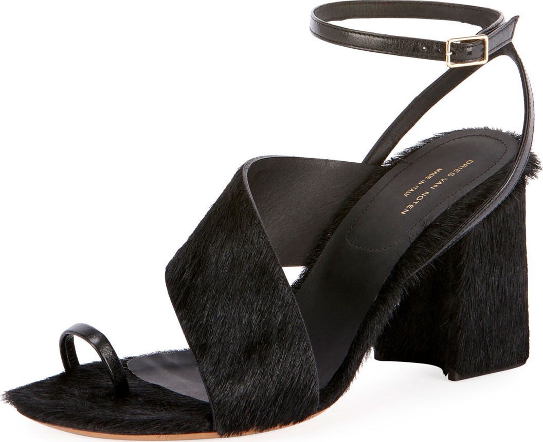 Dries Van Noten Asymmetric-Strap Calf Hair Chunky Sandals Dries Van Noten Asymmetric-Strap Calf Hair Chunky Sandals