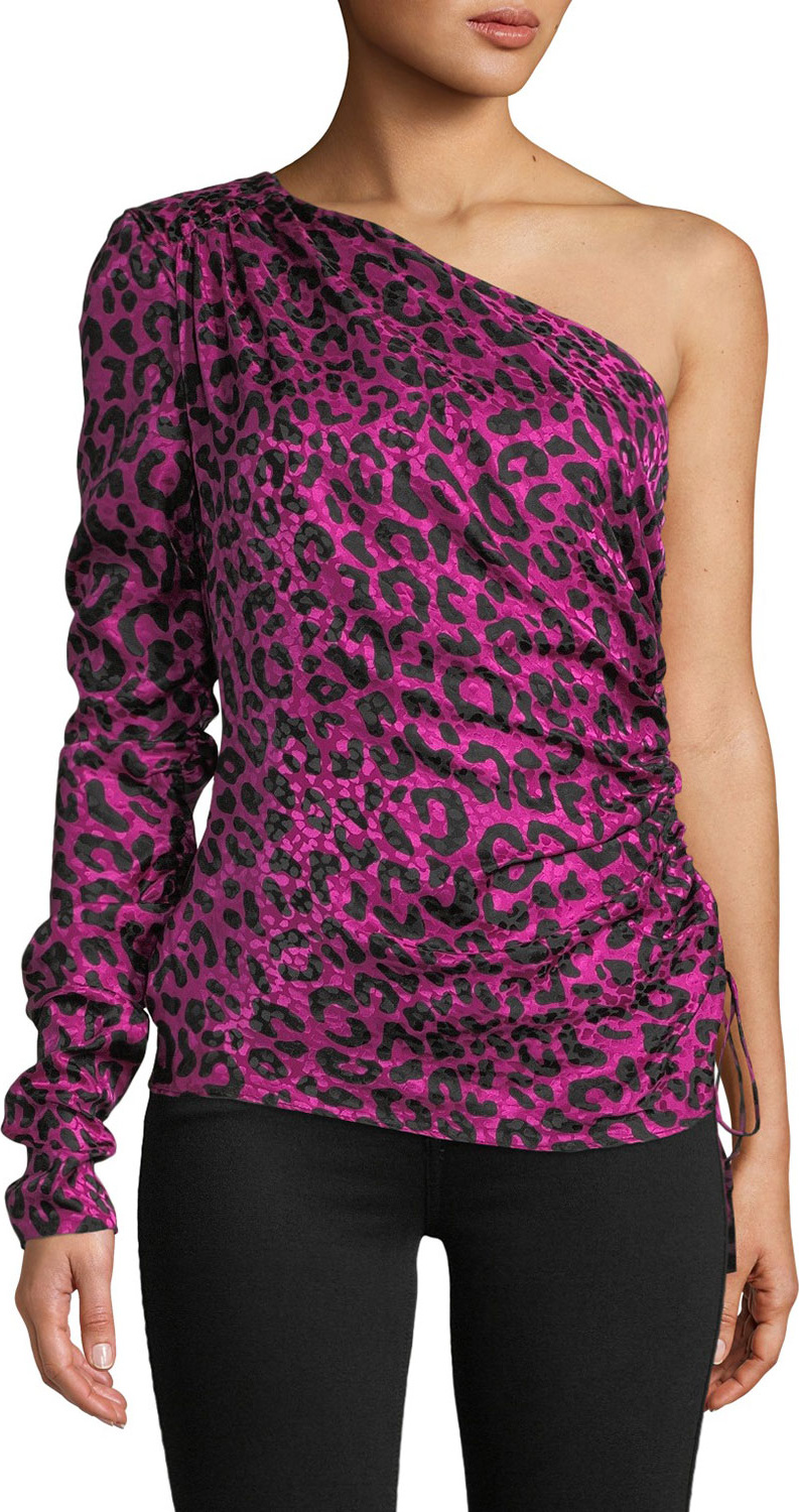 MILLY Cara One-Sleeve Leopard-Print Silk Jacquard Top