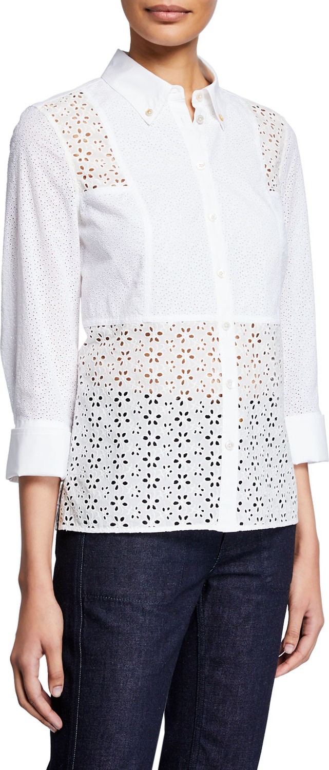 Tory Burch Patchwork Button-Front 3/4-Sleeve Eyelet Shirt